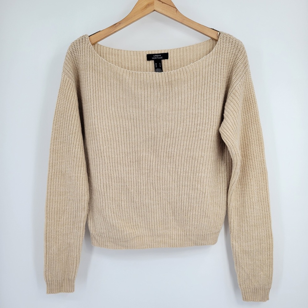 Tan Ribbed Knit Sweater Women Medium Oversize Fall Coastal Neutral Boho Capsule